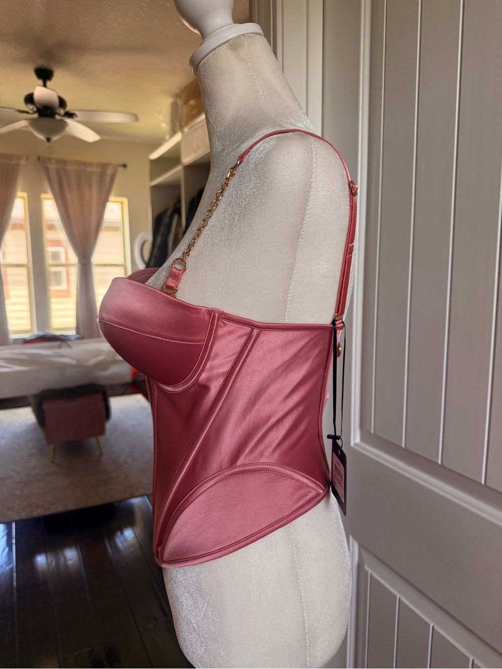 Honey Birdette Rose Pink Satin Bustier with Gold Chain Straps - Picture 4 of 10
